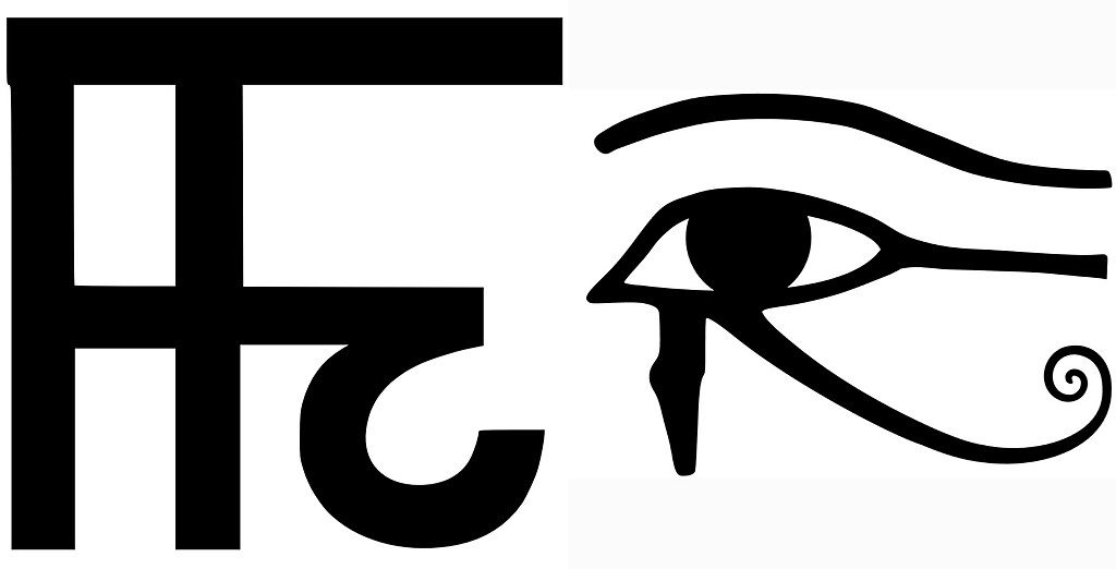 Due esempi di logogrammi: la parola meitei "mit" e il geroglifico egizio dell'occhio.